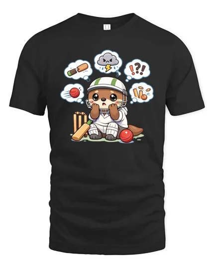 Cute Cricket Player Cartoon Graphic T-Shirt Funny Sport Tee - black t-shirt on white background