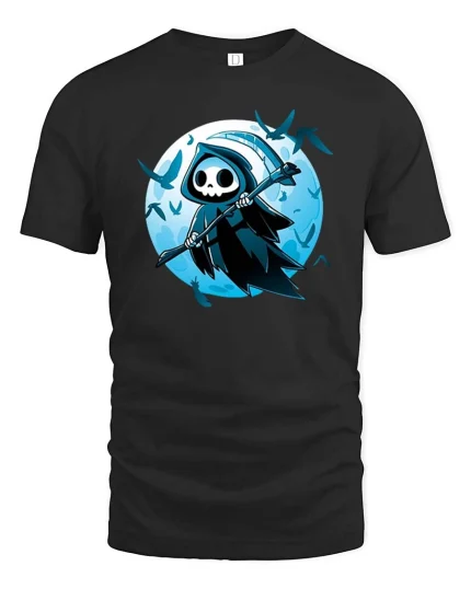 Cute Grim Reaper Cartoon Graphic T-Shirt Gothic Moon Tee - black t-shirt on white background