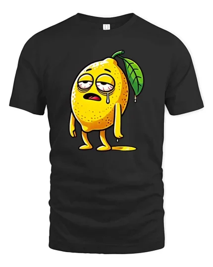 Funny Tired Lemon Cartoon Graphic T-Shirt Lazy Mood Tee - black t-shirt on white background
