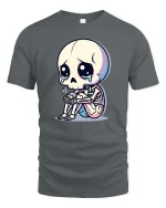 Sad Skeleton Cartoon Graphic T-Shirt Cute Gothic Emo Tee - gray t-shirt on white background