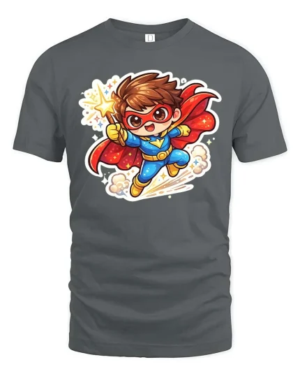 Cute Superhero Kid Cartoon Graphic T-Shirt Fun Hero Tee - gray t-shirt on white background