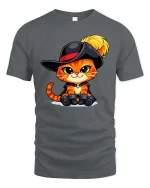 Cute Musketeer Cat Cartoon Graphic T-Shirt Funny Kitten Tee - gray t-shirt on white background