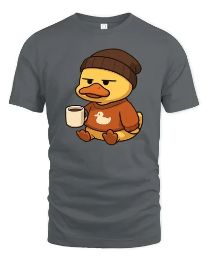 Cute Duck Coffee Lover Cartoon Graphic T-Shirt Cozy Tee - gray t-shirt on white background