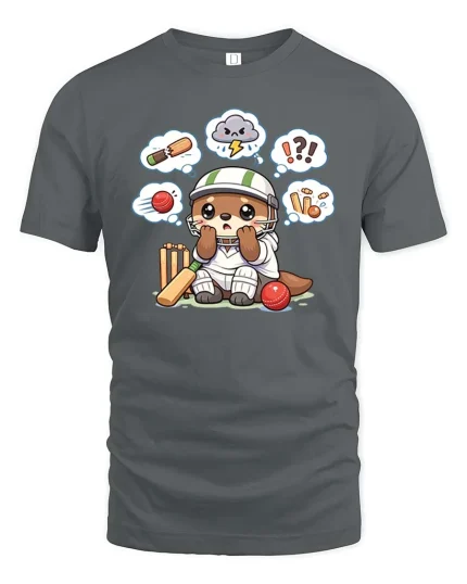 Cute Cricket Player Cartoon Graphic T-Shirt Funny Sport Tee - gray t-shirt on white background