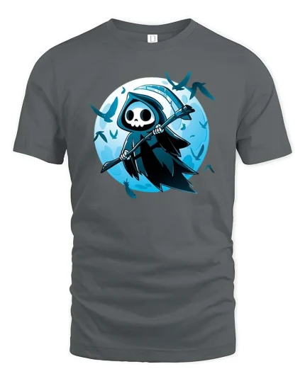 Cute Grim Reaper Cartoon Graphic T-Shirt Gothic Moon Tee - gray t-shirt on white background