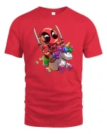 Funny Ninja Unicorn Cartoon Graphic T-Shirt Cute Hero Tee - red t-shirt on white background