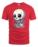 Sad Skeleton Cartoon Graphic T-Shirt Cute Gothic Emo Tee - red t-shirt on white background