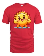 Cute Happy Sun Cartoon Graphic T-Shirt Bright Positive Tee - red t-shirt on white background