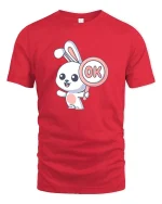 Cute Bunny OK Sign Cartoon Graphic T-Shirt Funny Kawaii Tee - red t-shirt on white background