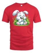 Cute Bunny Eating Grass Cartoon Graphic T-Shirt Kawaii Tee - red t-shirt on white background