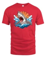 Great White Shark Ocean Graphic T-Shirt Cool Sea Predator Tee - red t-shirt on white background