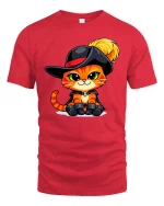 Cute Musketeer Cat Cartoon Graphic T-Shirt Funny Kitten Tee - red t-shirt on white background