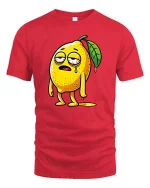 Funny Tired Lemon Cartoon Graphic T-Shirt Lazy Mood Tee - red t-shirt on white background