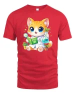 Cute Cat Scientist Biology Graphic T-Shirt Nerd Science Tee - red t-shirt on white background