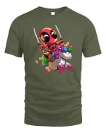 Funny Ninja Unicorn Cartoon Graphic T-Shirt Cute Hero Tee - military green t-shirt on white background