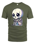 Sad Skeleton Cartoon Graphic T-Shirt Cute Gothic Emo Tee - military green t-shirt on white background