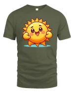 Cute Happy Sun Cartoon Graphic T-Shirt Bright Positive Tee - military green t-shirt on white background