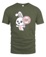Cute Bunny OK Sign Cartoon Graphic T-Shirt Funny Kawaii Tee - military green t-shirt on white background