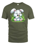 Cute Bunny Eating Grass Cartoon Graphic T-Shirt Kawaii Tee - military green t-shirt on white background