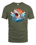 Great White Shark Ocean Graphic T-Shirt Cool Sea Predator Tee - military green t-shirt on white background
