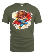 Cute Superhero Kid Cartoon Graphic T-Shirt Fun Hero Tee - military green t-shirt on white background