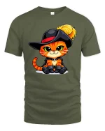 Cute Musketeer Cat Cartoon Graphic T-Shirt Funny Kitten Tee - military green t-shirt on white background
