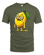 Funny Tired Lemon Cartoon Graphic T-Shirt Lazy Mood Tee - military green t-shirt on white background