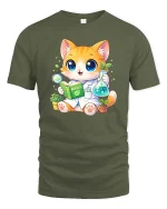 Cute Cat Scientist Biology Graphic T-Shirt Nerd Science Tee - military green t-shirt on white background