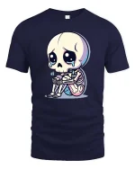 Sad Skeleton Cartoon Graphic T-Shirt Cute Gothic Emo Tee - navy t-shirt on white background