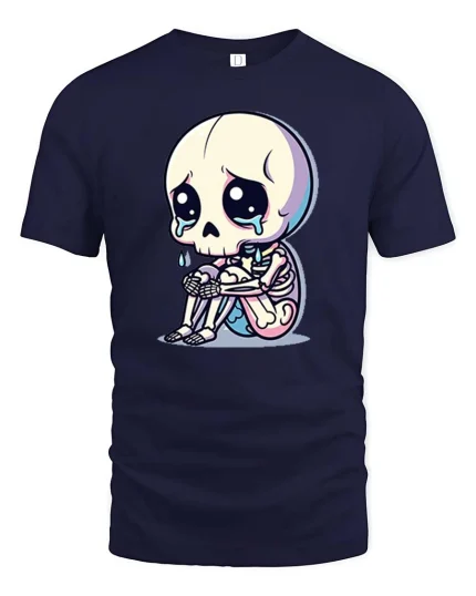Sad Skeleton Cartoon Graphic T-Shirt Cute Gothic Emo Tee - navy t-shirt on white background