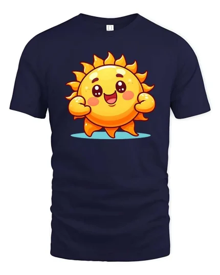 Cute Happy Sun Cartoon Graphic T-Shirt Bright Positive Tee - navy t-shirt on white background