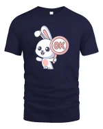 Cute Bunny OK Sign Cartoon Graphic T-Shirt Funny Kawaii Tee - navy t-shirt on white background