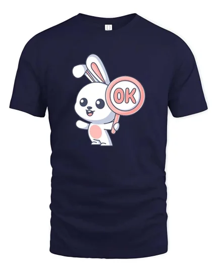 Cute Bunny OK Sign Cartoon Graphic T-Shirt Funny Kawaii Tee - navy t-shirt on white background