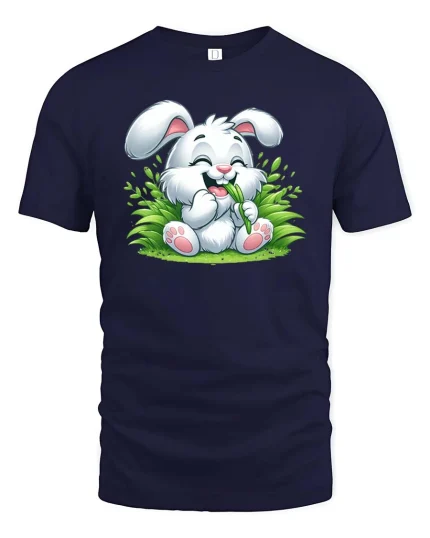 Cute Bunny Eating Grass Cartoon Graphic T-Shirt Kawaii Tee - navy t-shirt on white background