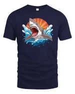 Great White Shark Ocean Graphic T-Shirt Cool Sea Predator Tee - navy t-shirt on white background