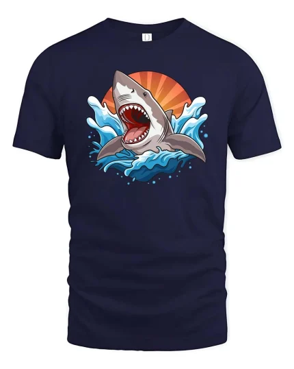 Great White Shark Ocean Graphic T-Shirt Cool Sea Predator Tee - navy t-shirt on white background