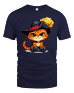 Cute Musketeer Cat Cartoon Graphic T-Shirt Funny Kitten Tee - navy t-shirt on white background