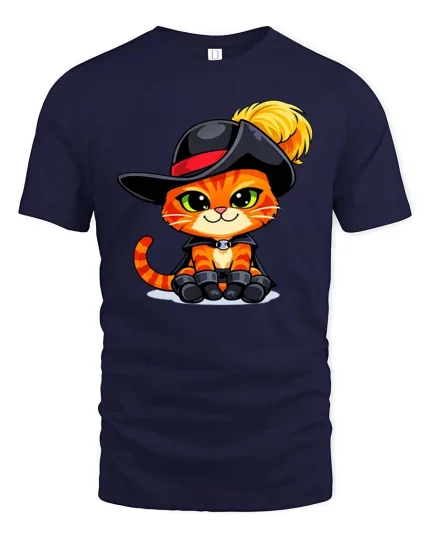 Cute Musketeer Cat Cartoon Graphic T-Shirt Funny Kitten Tee - navy t-shirt on white background