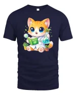 Cute Cat Scientist Biology Graphic T-Shirt Nerd Science Tee - navy t-shirt on white background