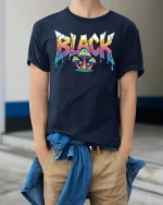 Black Psychedelic Mushroom Graphic T-Shirt Streetwear Fit - model wearing navy tee with hands in pockets