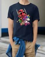 Funny Ninja Unicorn Cartoon Graphic T-Shirt Cute Hero Tee - model wearing navy tee with hands in pockets