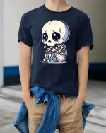 Sad Skeleton Cartoon Graphic T-Shirt Cute Gothic Emo Tee - model wearing navy tee with hands in pockets