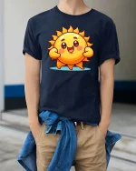 Cute Happy Sun Cartoon Graphic T-Shirt Bright Positive Tee - model wearing navy tee with hands in pockets