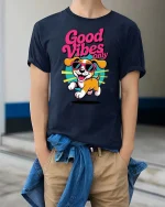 Good Vibes Only Dog Graphic T-Shirt Funny Summer Tee - model wearing navy tee with hands in pockets