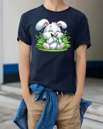 Cute Bunny Eating Grass Cartoon Graphic T-Shirt Kawaii Tee - model wearing navy tee with hands in pockets