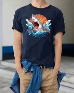 Great White Shark Ocean Graphic T-Shirt Cool Sea Predator Tee - model wearing navy tee with hands in pockets