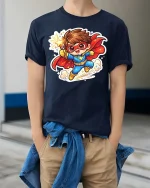 Cute Superhero Kid Cartoon Graphic T-Shirt Fun Hero Tee - model wearing navy tee with hands in pockets