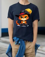 Cute Musketeer Cat Cartoon Graphic T-Shirt Funny Kitten Tee - model wearing navy tee with hands in pockets