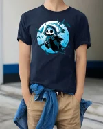 Cute Grim Reaper Cartoon Graphic T-Shirt Gothic Moon Tee - model wearing navy tee with hands in pockets