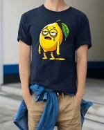 Funny Tired Lemon Cartoon Graphic T-Shirt Lazy Mood Tee - model wearing navy tee with hands in pockets
